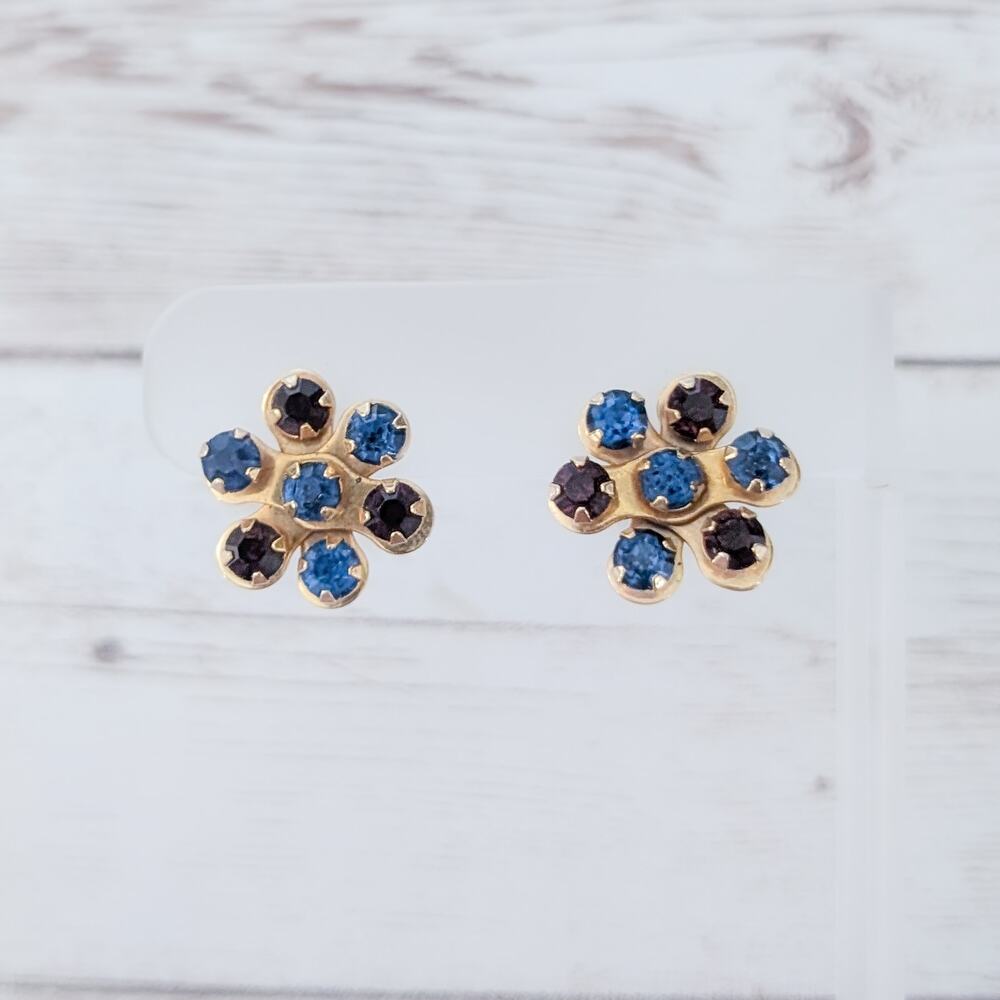 Vintage Screw Back Earrings Dark Purple & Blue Gems - Gold Tone